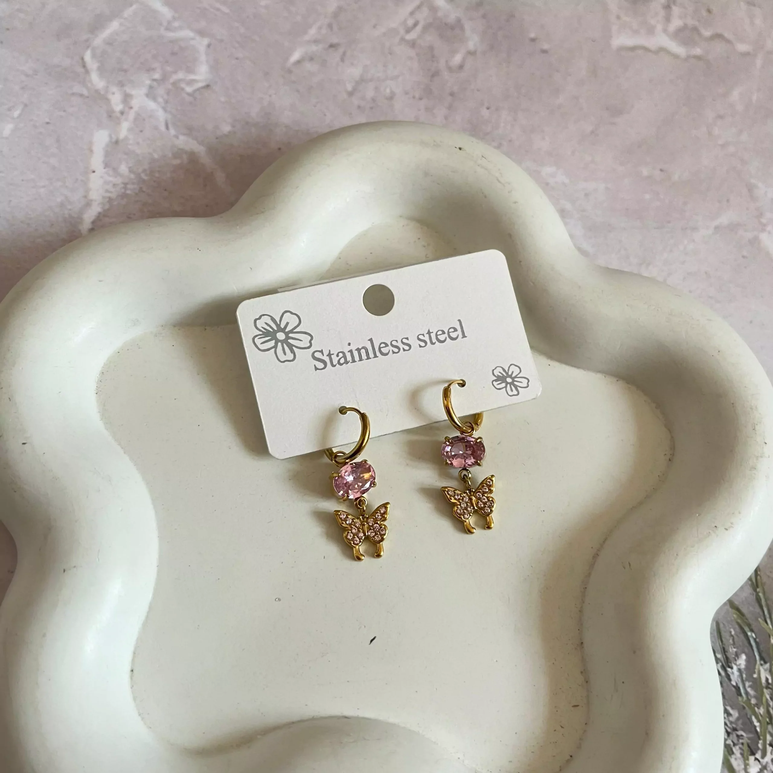 Crystal Butterfly Earrings - Pink 1