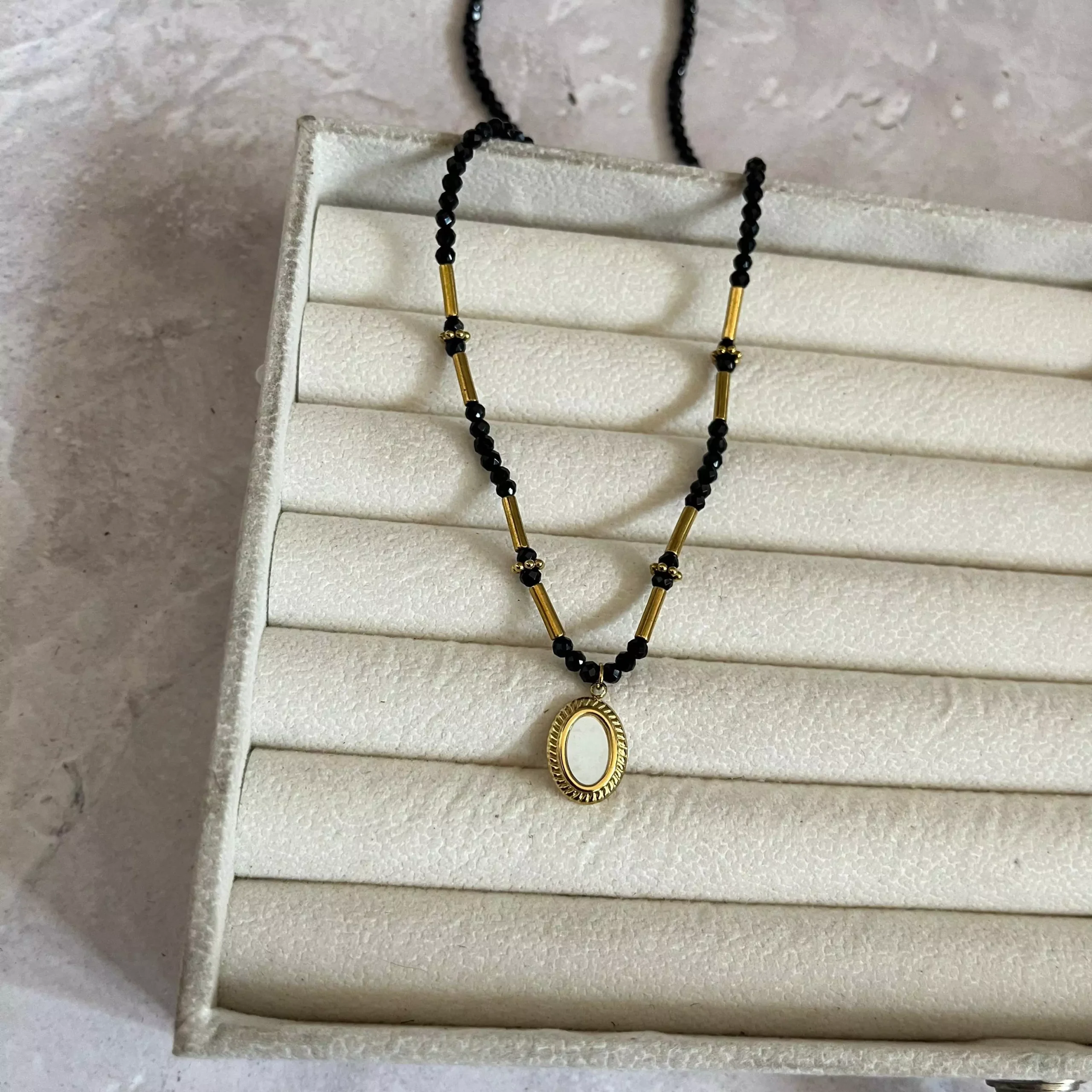 White Oval Beaded Necklace